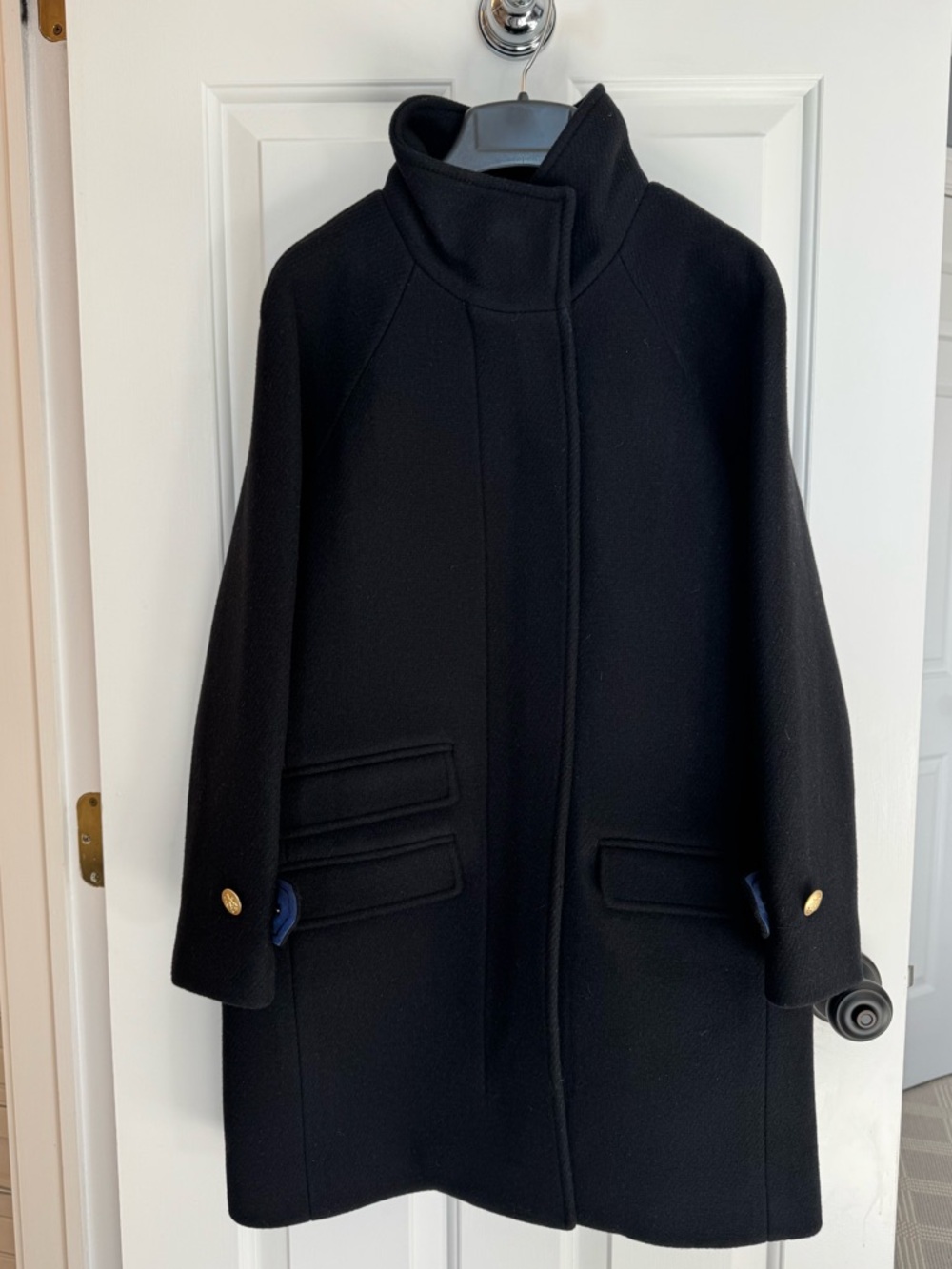 J. Crew Black Wool-Blend Funnel Neck Pea Coat with Gold Buttons